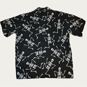 Men's Black Skeleton Pattern Halloween‎ Button Down Shirt Size XL
